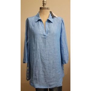 Tahari Womens Linen Tunic Side Button 3/4 Sleeve Shirt Blue Plus Size 3XL